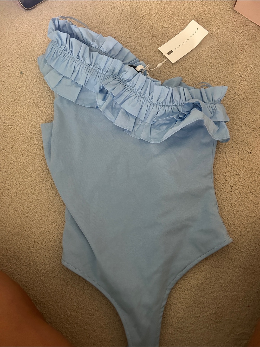 Endless Rose Light Blue One-Shoulder Ruffle Bodysuit